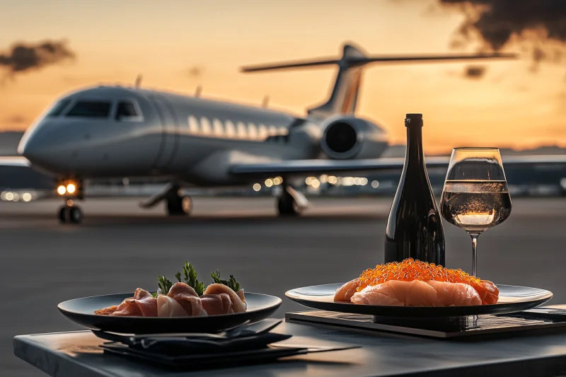 Wanddecoratie dibond van
Luxe maaltijd geserveerd in een privéjet met uitzicht op de landingsbaan