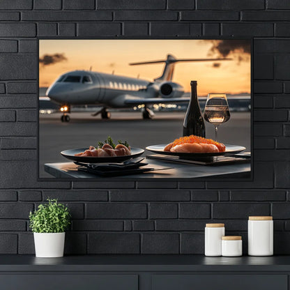 Wanddecoratie dibond van
Luxe maaltijd geserveerd in een privéjet met uitzicht op de landingsbaan