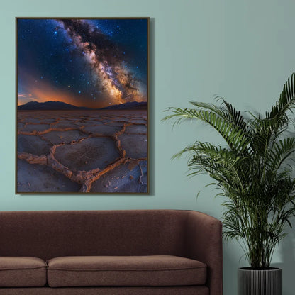 Wanddecoratie dibond met een indrukwekkend landschap onder een heldere sterrenhemel, een magische decoratie voor een serene sfeer.