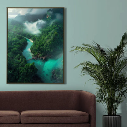 Wanddecoratie plexiglas met een weelderige groene oase, een rustgevende en serene wanddecoratie.
