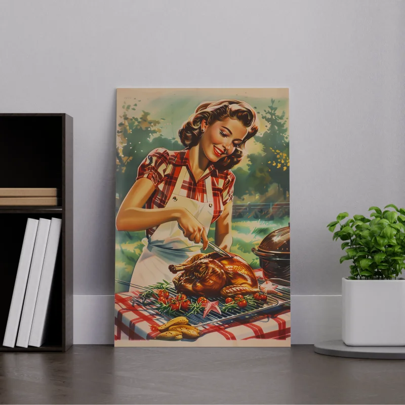 Wanddecoratie canvas van een vrouw in de tuin met een barbecue