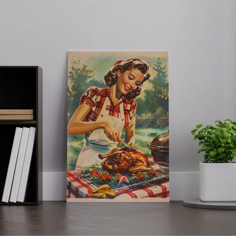 Wanddecoratie canvas van een vrouw in de tuin met een barbecue