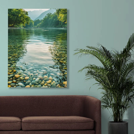 Wanddecoratie canvas met helderblauw water en groene oevers