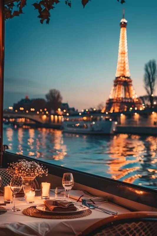 Wanddecoratie dibond diner met kaarslicht met uitzicht op de iconische Eiffeltoren