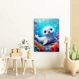 Kinderposter met een schattige blauwe ijsbeer in een magische setting
