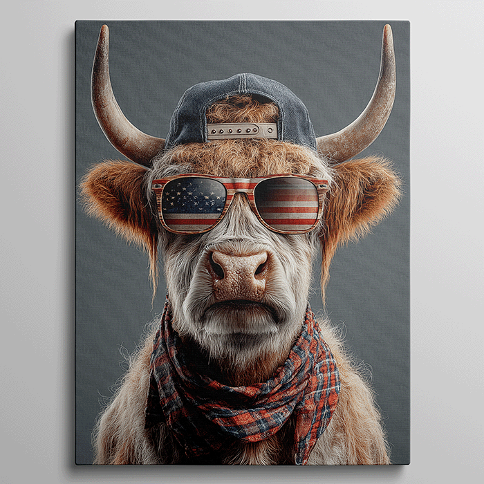Stoere Schotse hooglander met zonnebril en pet in Amerikaanse stijl.