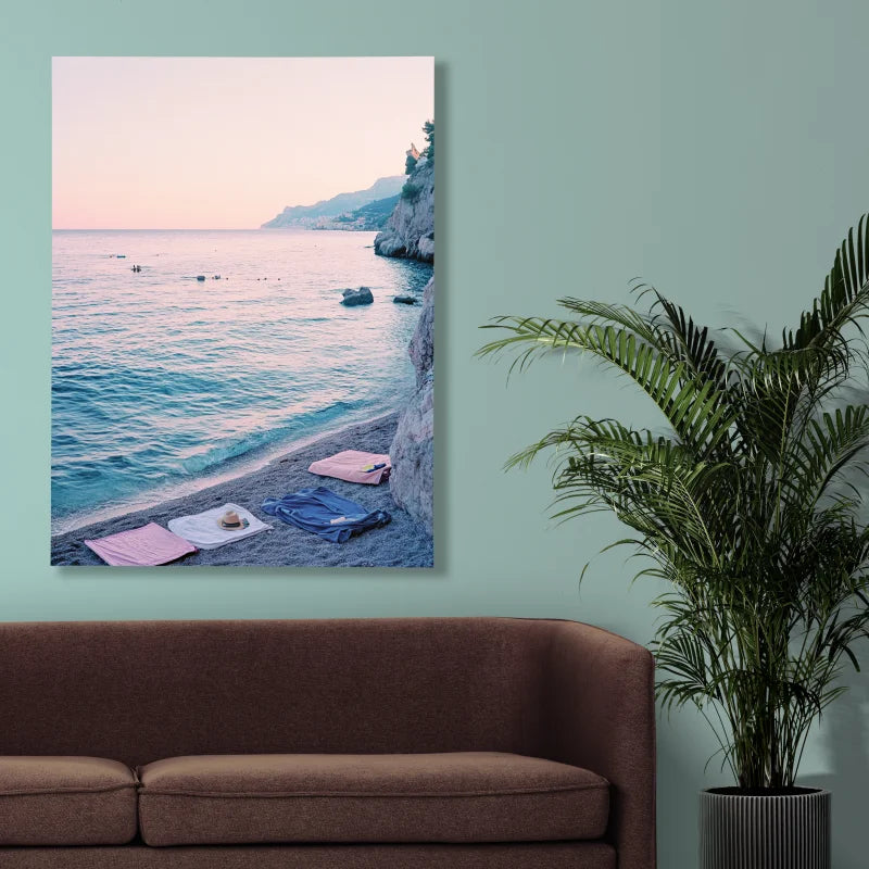 Wanddecoratie canvas met een rustige kustlijn en zachte golven in zachte tinten