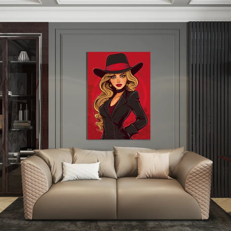 Canvas wanddecoratie van een zelfverzekerde vrouw in een rode outfit.
