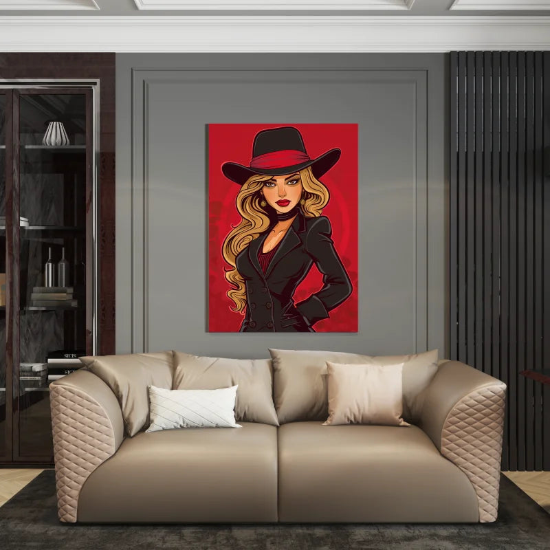 Canvas wanddecoratie van een zelfverzekerde vrouw in een rode outfit.