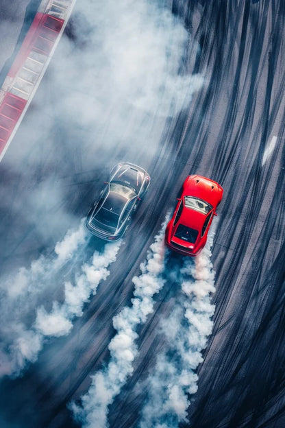 Poster van twee auto's die driften met rooksporen op een racecircuit.