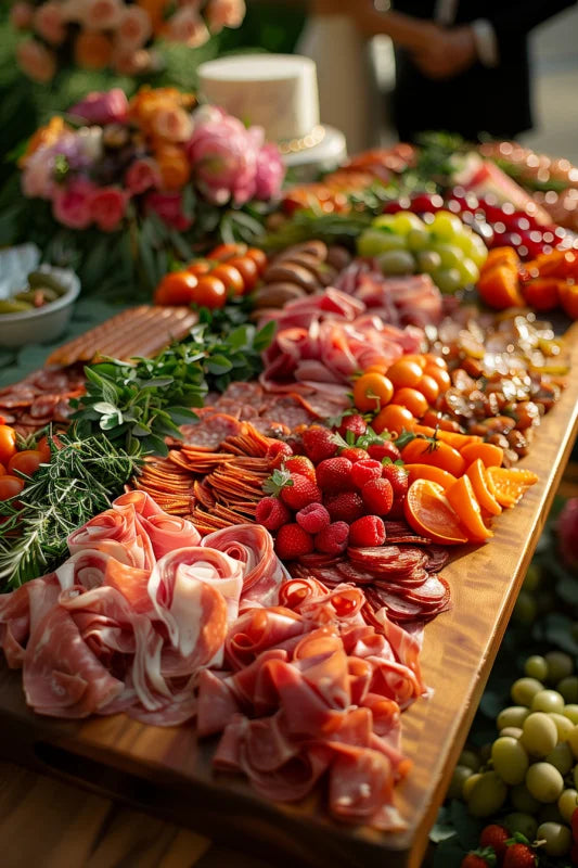Dibond wanddecoratie van vleeswaren, kazen en fruit