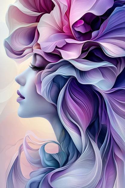 Wanddecoratie dibond met abstracte vrouw en paarse bloemen.