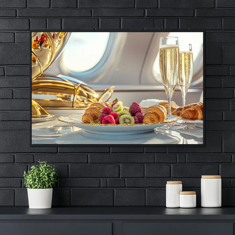 Wanddecoratie plexiglas van Exclusieve brunch met champagne, fruit en luxe decor, geserveerd met een panoramisch uitzicht.