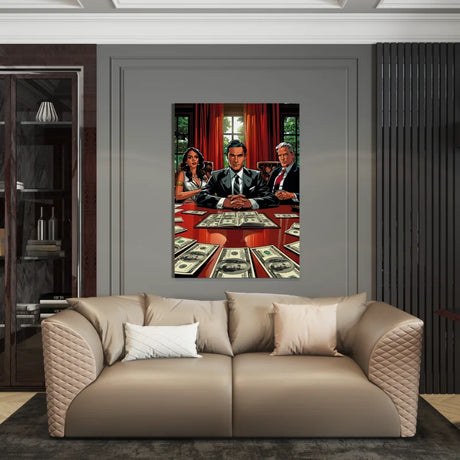 Dibond wanddecoratie van een man in een formele setting met geld.