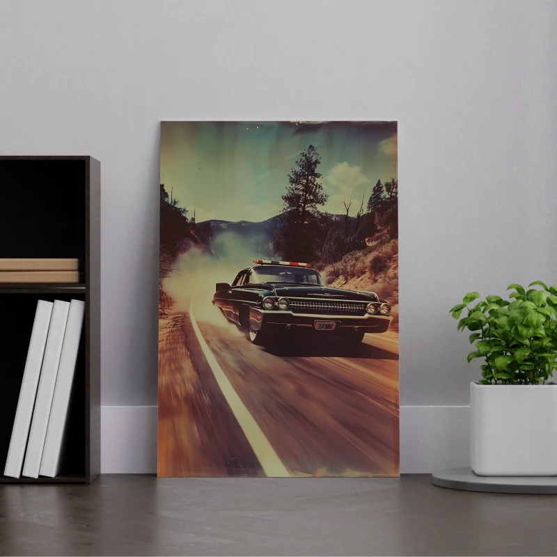 Wanddecoratie plexiglas met een vintage afbeelding van een politieauto