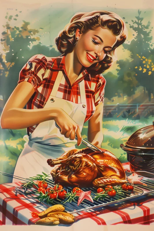 Wanddecoratie canvas van een vrouw in de tuin met een barbecue