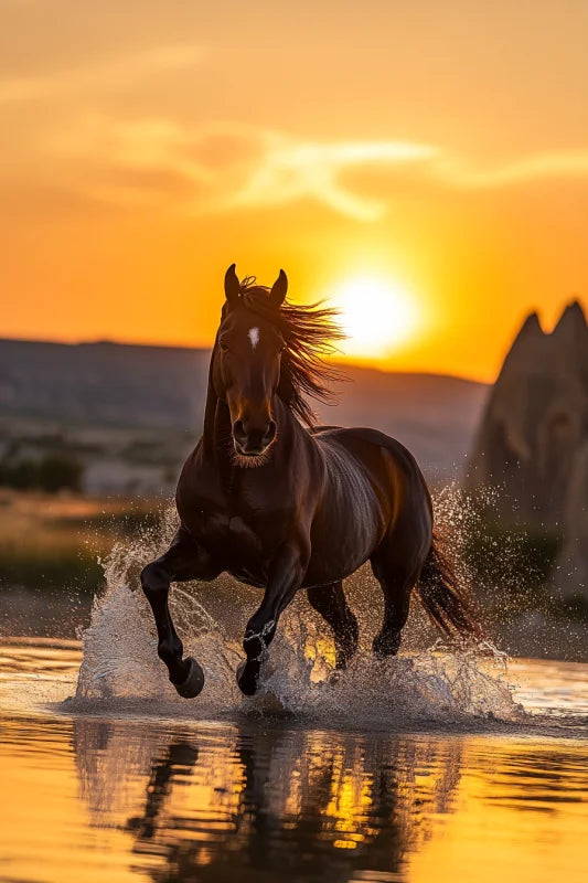 Dibond wanddecoratie met een silhouet van een paard bij zonsondergang.