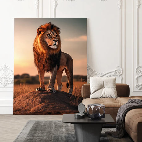 Canvas wanddecoratie met een leeuw vastgelegd tijdens een gouden zonsondergang