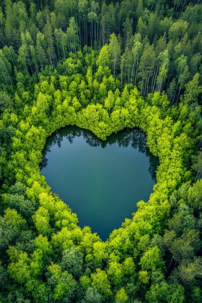 Dibond schilderij van een omgeving met bomen met daarin een plas water in een vorm van een hart.