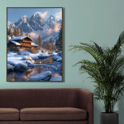 Wanddecoratie canvas met een serene winterse scène van besneeuwde bomen 