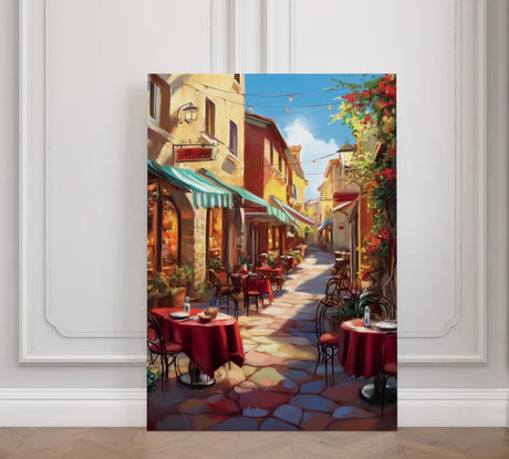 Dibond wanddecoratie met charmant straatbeeld in een zonnig steegje
