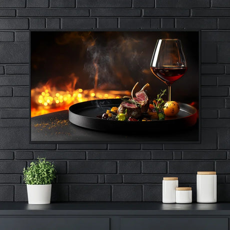 wanddecoratie canvas van Een luxe gerecht met een vurige achtergrond