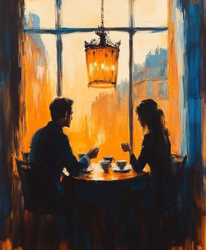 Wandkleed van 2 mensen aan het dineren in een restaurant 