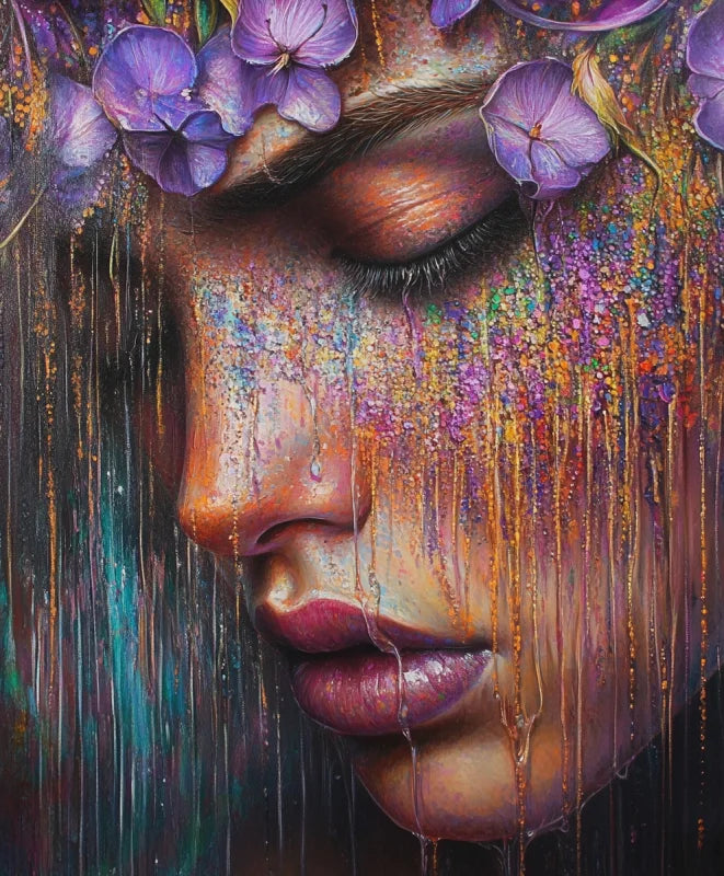 Wandkleed met een kleurrijk en artistiek portret van een vrouw met violette bloemen in haar haar en druppende verfdetails