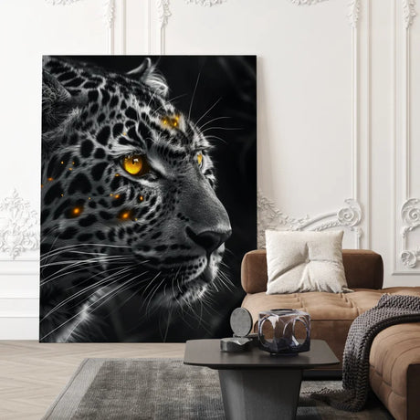 Dibond wanddecoratie met een luipaard in gouden tinten.