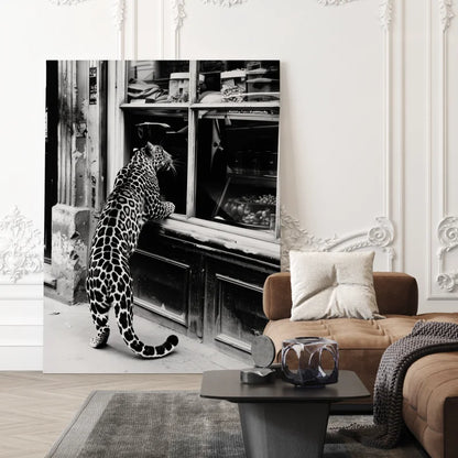 Wanddecoratie op canvas van een luipaard in een stad.